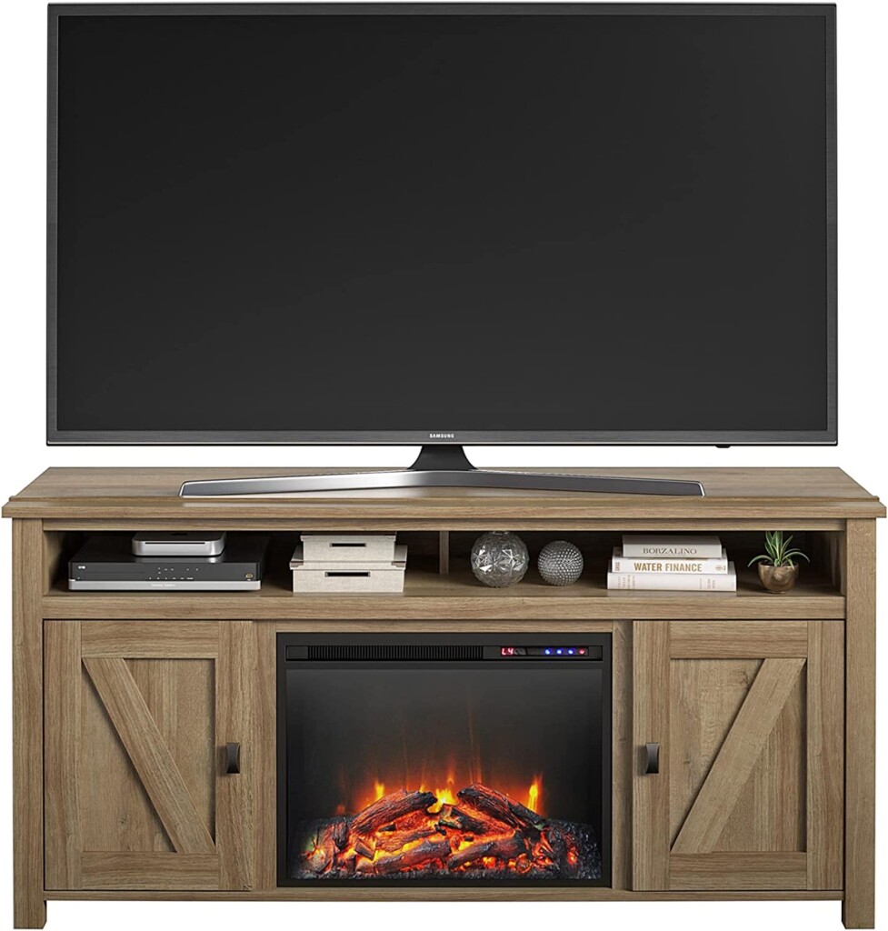 Ameriwood Home Farmington Electric Fireplace TV Console for TVs up to 60, Natural - Best Entertainment Centers with Built-In Fireplaces