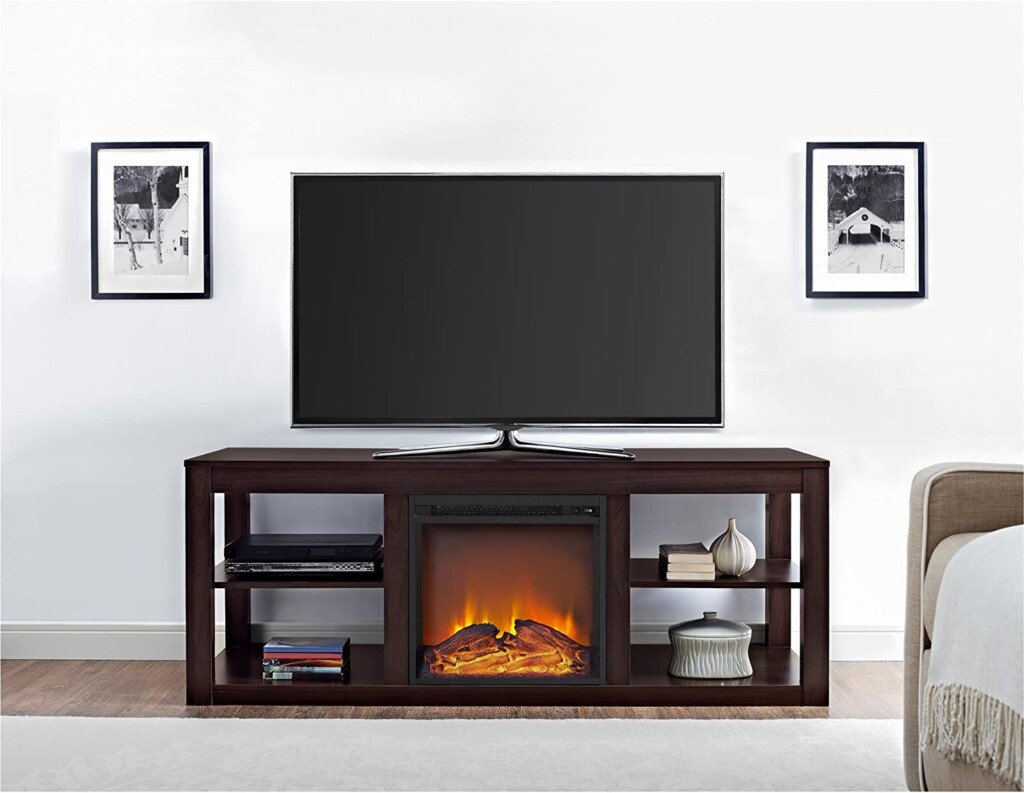 Ameriwood Home Parsons Console Fireplace for TVs up to 65, Espresso - Best Entertainment Centers with Built-In Fireplaces