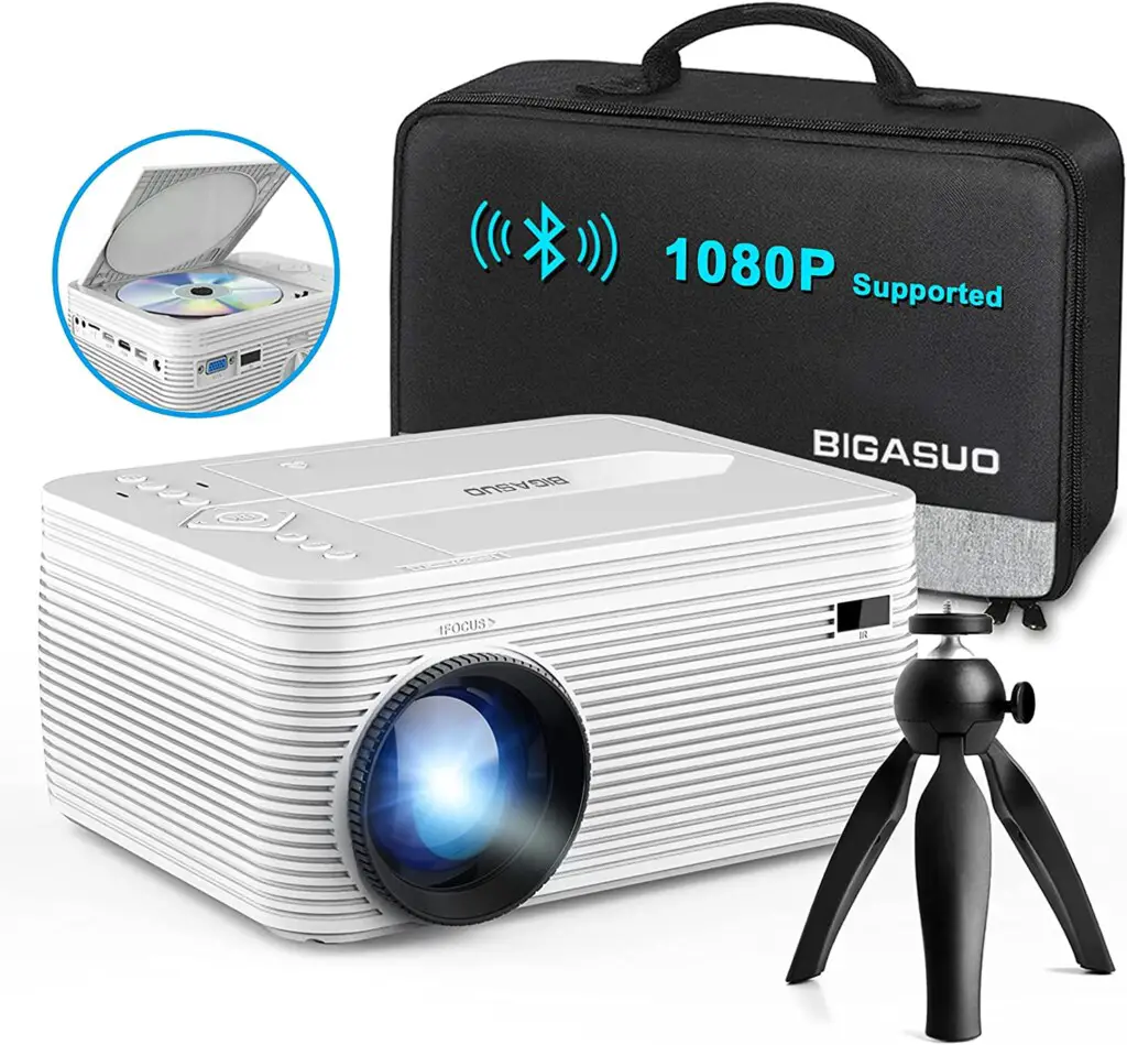 BIGASUO Upgrade HD Bluetooth Projector Built in DVD Player, Mini Video Projector 1080P Supported Compatible with TV/HDMI/VGA/AV/USB/TF SD Card, Portable Outdoor Movie Projector - Best Portable Projectors