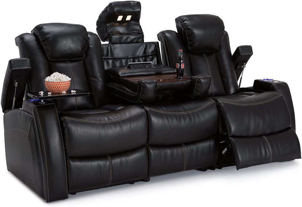 Seatcraft Omega Home Theater Seating - Leather Gel - Power Recline - Power Headrests - AC and USB Charging - Lighted Cup Holders - Fold Down Table (Sofa, Black) - In-Home Theater Seating