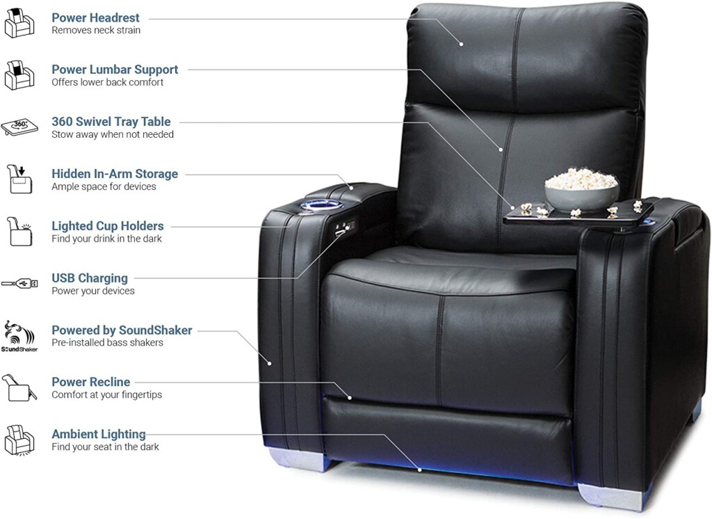 Seatcraft Solstice Leather Power Recliner with Power Lumbar Support, Adjustable Powered Headrests, and Built-In SoundShaker, Black - In-Home Theater Seating
