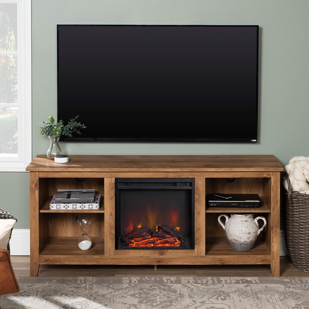 Walker Edison Wren Classic 4 Cubby Fireplace TV Stand for TVs up to 65 Inches, 58 Inch, Barnwood - Best Entertainment Centers with Built-In Fireplaces